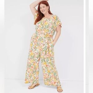 Lane Bryant Floral Linen Jumpsuit Size 20 NWT Belted Summer Vacation Beach Party